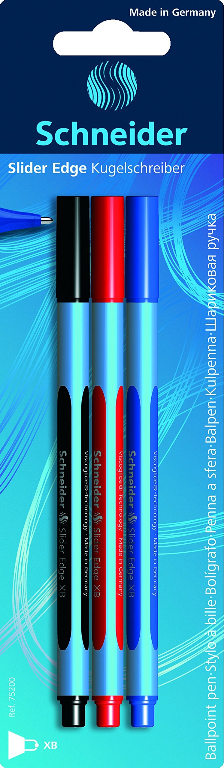 Schneider writing instruments ballpoint pen Slider Edge, cap model, XB, 3 blister card assorted, 3-pack