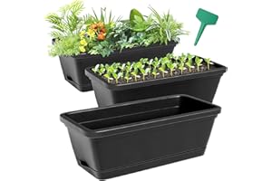 CEED4U Window Box Planter, 17 Inches 3 Packs Black Rectangular Planters Box with Saucers and 15Pcs Plant Labels, Self-Watering Drainage Holes, Windowsill Decor Outdoor Indoor Plastic Long Pots