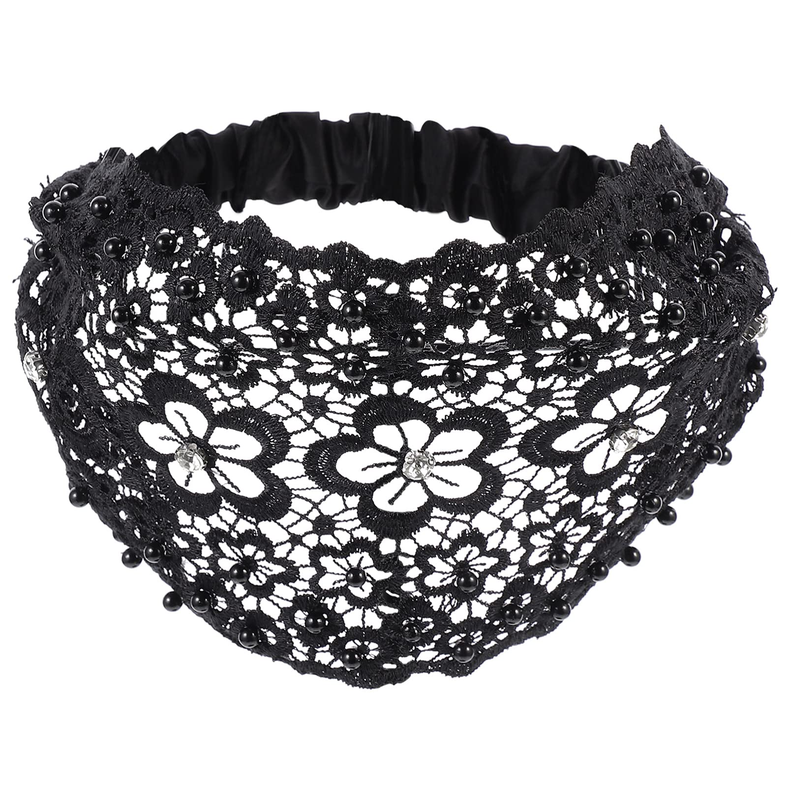 FRCOLOR Vintage Lace Headband with Artificial Pearl Adjustable Anti-Slip Wide Hair Hoop for Women Elegant Party and Daily Hair Accessory