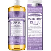 Dr. Bronner's Pure-Castile Liquid Magic Soap Bottle & Refill Carton - Made with Regenerative Organic Certified Oils, 86% Less Plastic per Quart - For Face, Body Wash, Hand Soap Refill- Lavender, 32oz