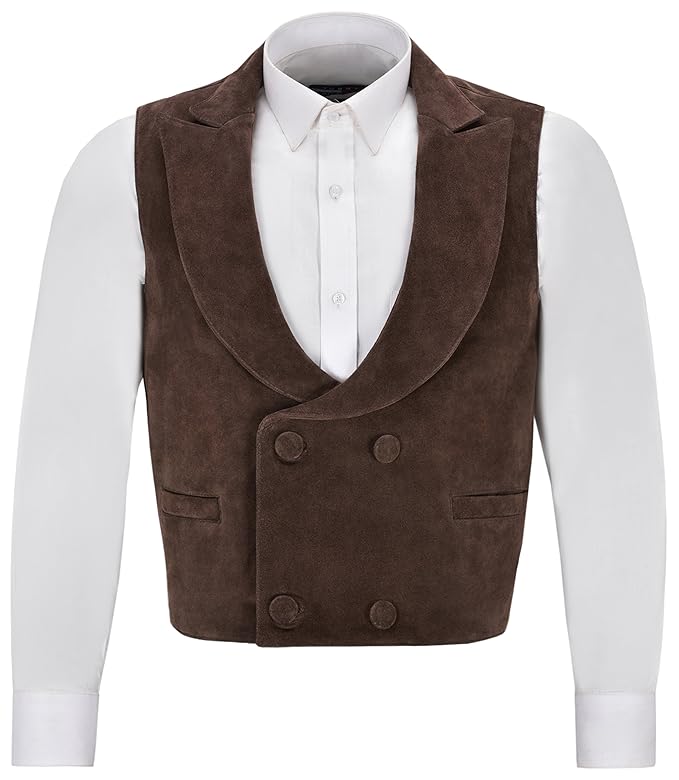 'Edwardian' Mens Suede Leather Waistcoat Brown Double Breasted Real