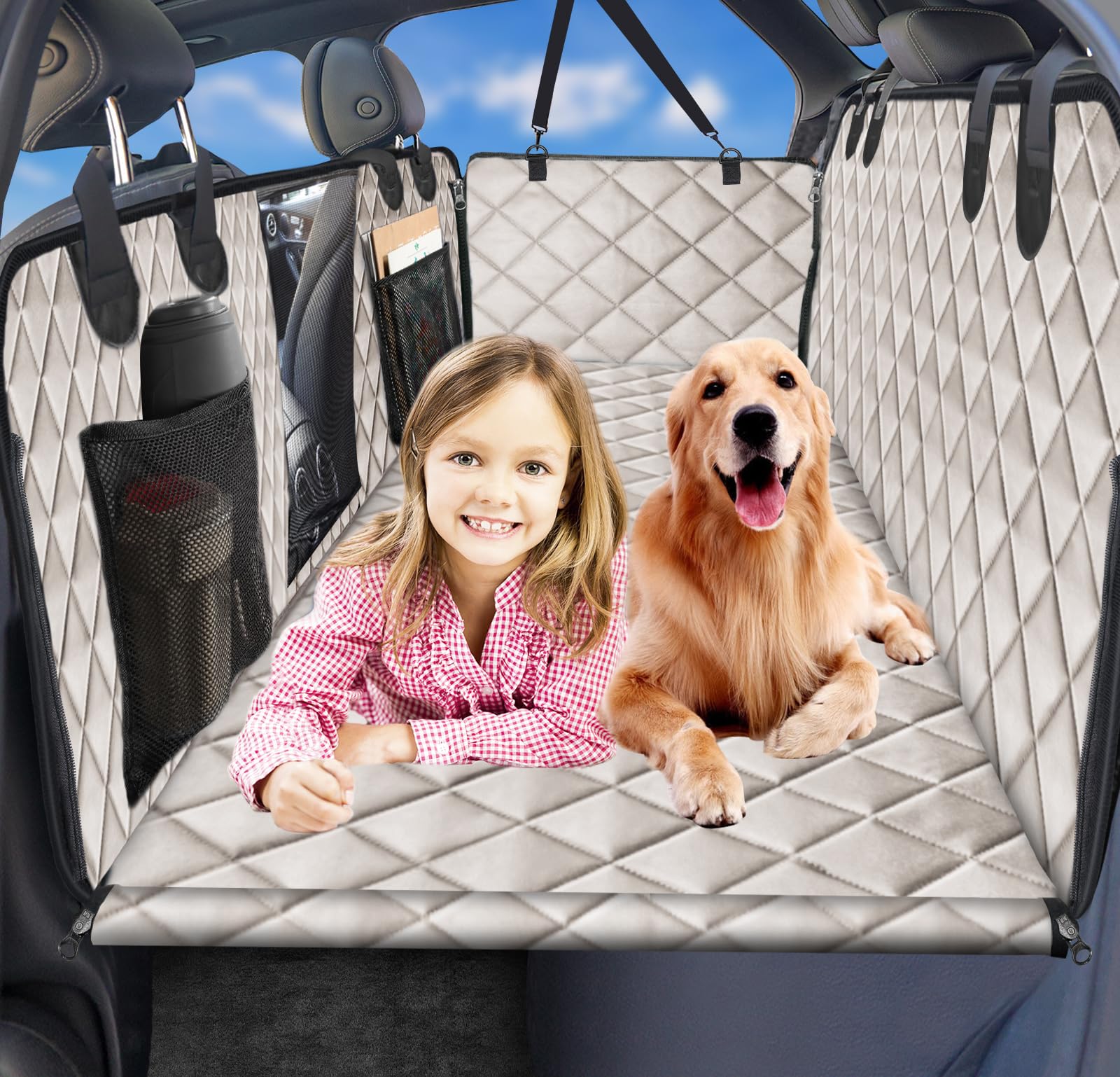 URPOWER Back Seat Extender for Dogs - Hard Bottom Dog Car Seat Cover Holds 550 lbs, Waterproof Dog Hammock Dogs Bed for Cars, SUVs, Pet Backseat Protector with Mesh Window & Large Space Image