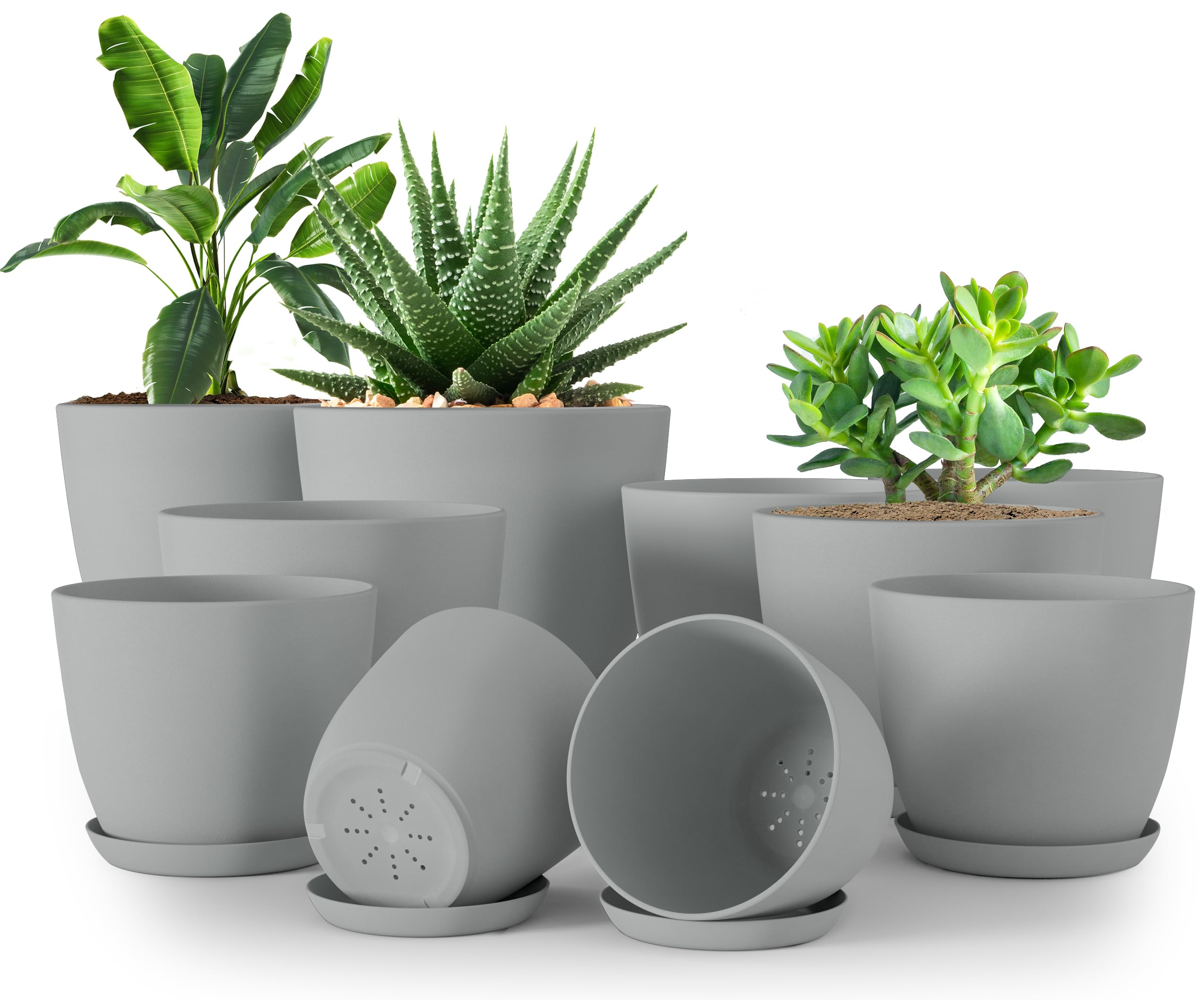 Utopia Home Plastic Planters Grey, Flower Nursery Pots Indoor Modern Decorative Plastic Pots for Plants, Succulents, Flowers, and Cactus 10 Pack, Multisize