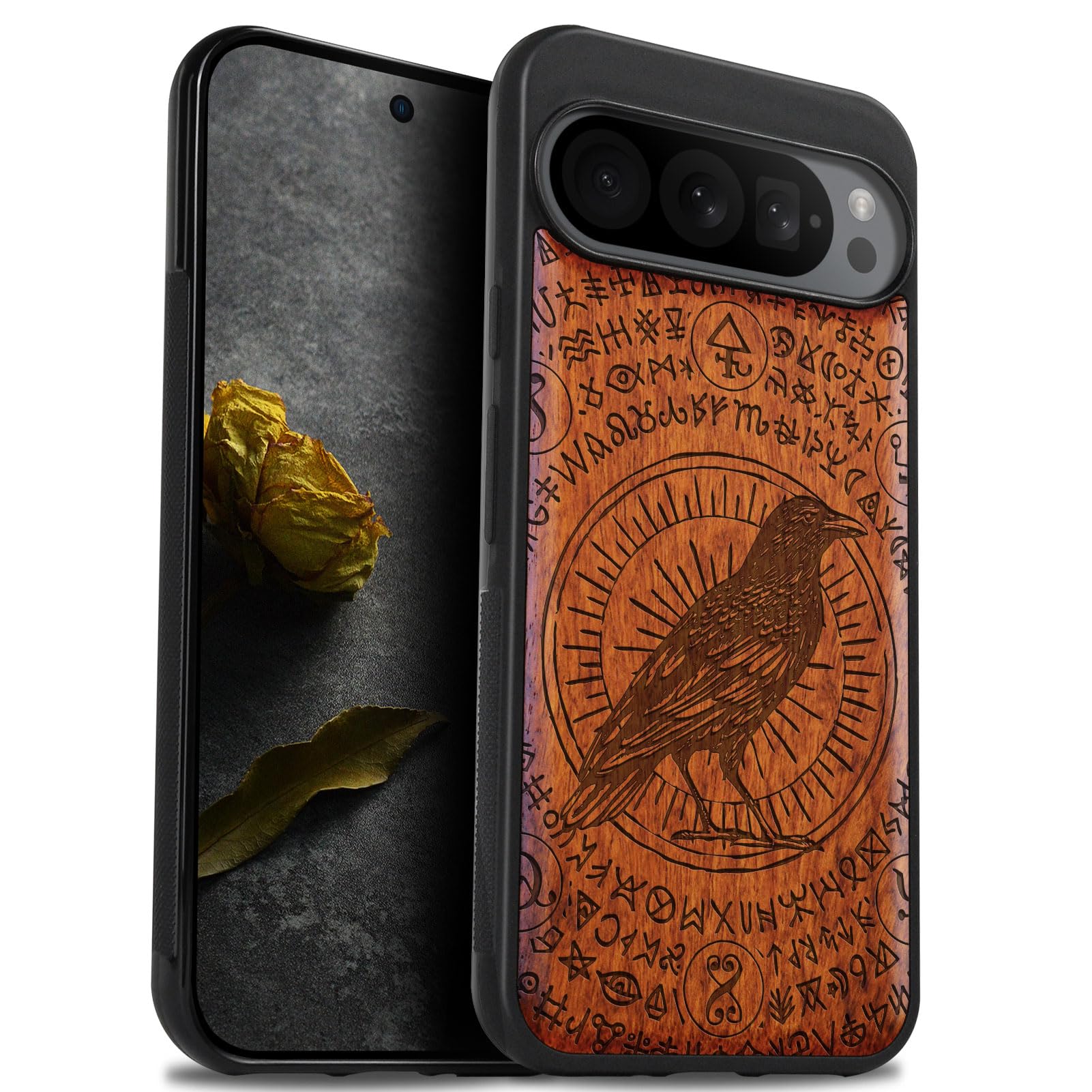 Carveit Wood Case for Pixel 9 Pro XL Case [Natural Wood & Black Soft TPU] Shockproof Protective Cover Unique Wooden Case Compatible with Google Pixel 9 Pro XL Case (The Haloed Crow-Red Wood)