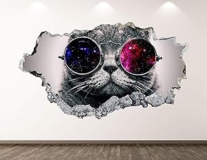 West Mountain Space Cat Wall Decal Art Decor 3D Smashed Kids Animal Sticker Mural Nursery Boys Gift BL22 (22