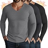 Sweetyweee 3 Pack Men's Thermal Shirts Big and Tall Fleece Lined Long Sleeve V Neck Base Layer Raglan Curved Hem Warm Tops