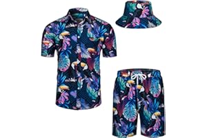 TUNEVUSE Mens Hawaiian Shirts and Shorts Set 2 Pieces Tropical Outfit Flower Print Button Down Beach Suit with Bucket Hats