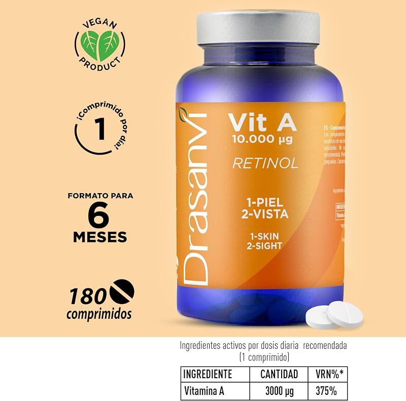 Vitamina A Retinol 10000mcg Drasanvi en 180 Comprimidos Vegano Natural