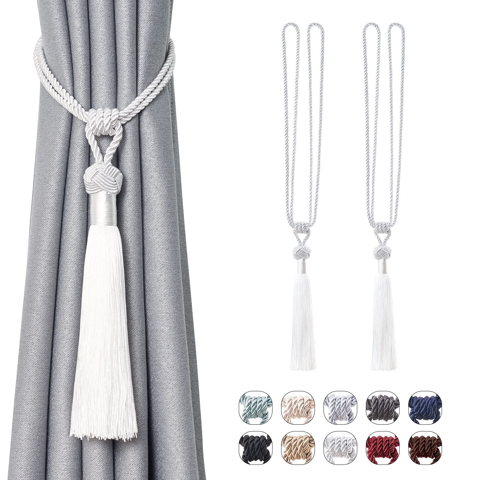 Pretty Jolly 2 Pack Long Tassel Curtain Tiebacks Handmade Braided Rope Knot Drape Tie Backs European Style Decorative Curtain Holdbacks for Home & Office Window Drapery (Silver White) — image 1