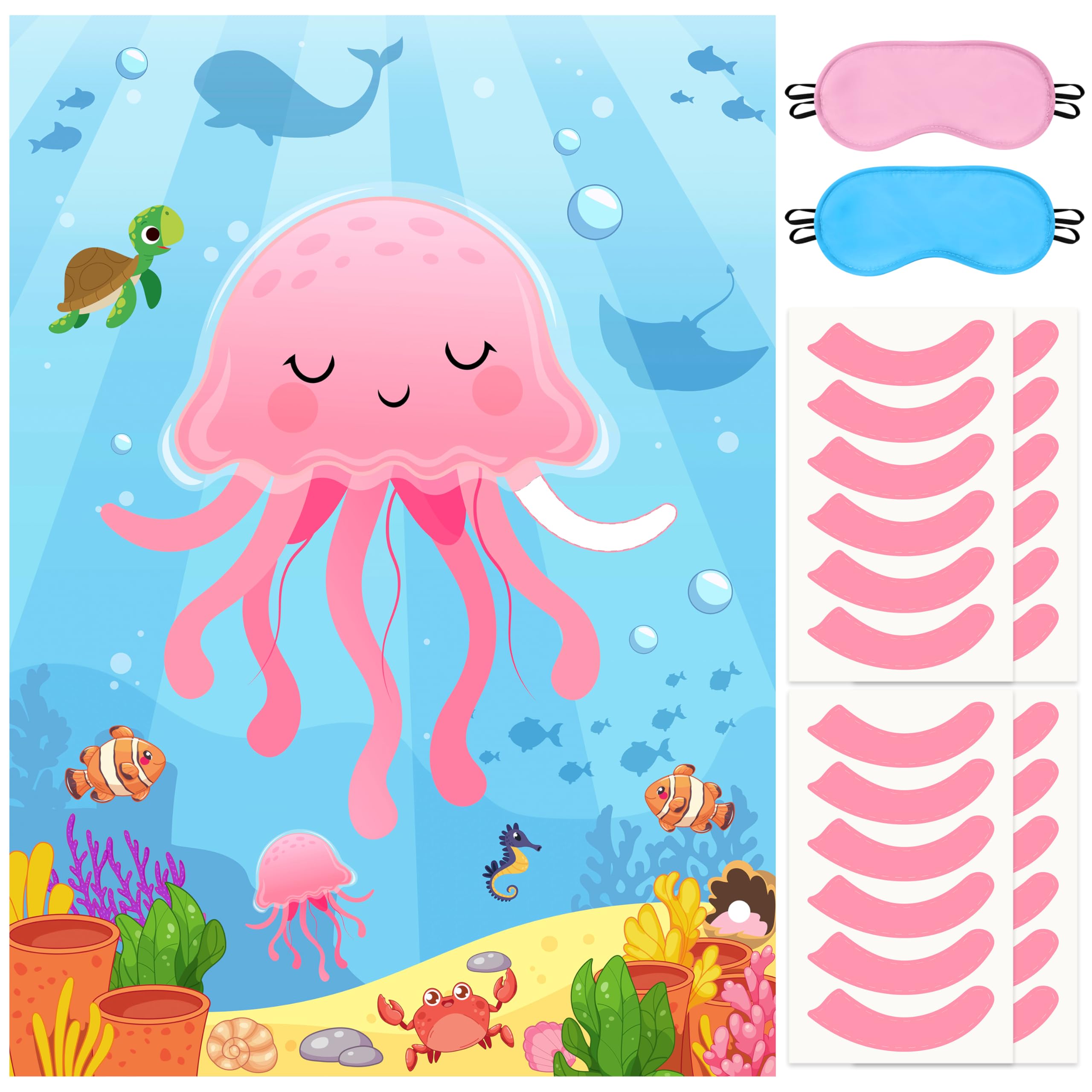 Photo 1 of Pin The Tentacle On The Jellyfish Game Under The Sea Themed Poster with 24 Stickers Blindfolds Fun Ocean Animal Entertaining Classroom Activity for Kids Birthday Party Decorations Supplies Wall Decor