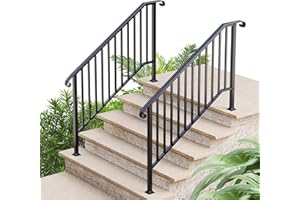 ANTSKU 2 Pack 5 Step Handrails for Outdoor Steps, Wrought Iron Stair Railing Fits 4 or 5 Steps, Metal Hand Rail with Installation Kit, Staircase Handrails for Concrete, Porch, Deck, Exterior Steps, Black