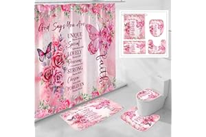 Litabel 4 Pcs Pink Butterfly Inspirational Quotes Shower Curtain Set with Rugs and Toilet Lid Cover, Colorful Boho Waterproof Fabric Bathroom Set, Bible Verse Floral Bathroom Decor Set Accessories