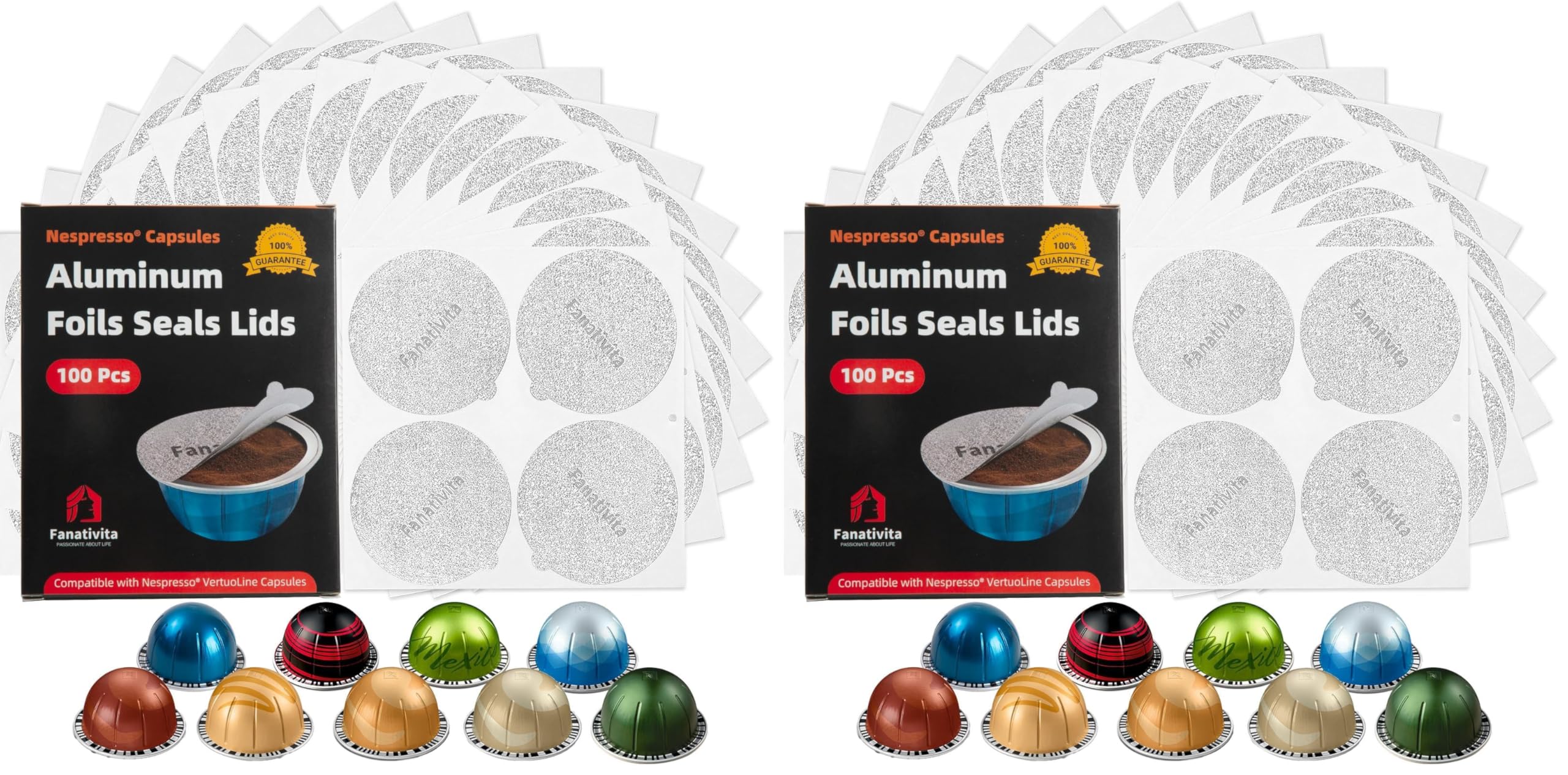 Fanativita Universal Aluminum Foil Seal Lids for Nespresso Pods Vertuo, Compatible with Nespresso Vertuo Reusable Pods, 100Pcs Coffee Pods Covers (62mm) (Pack of 2)