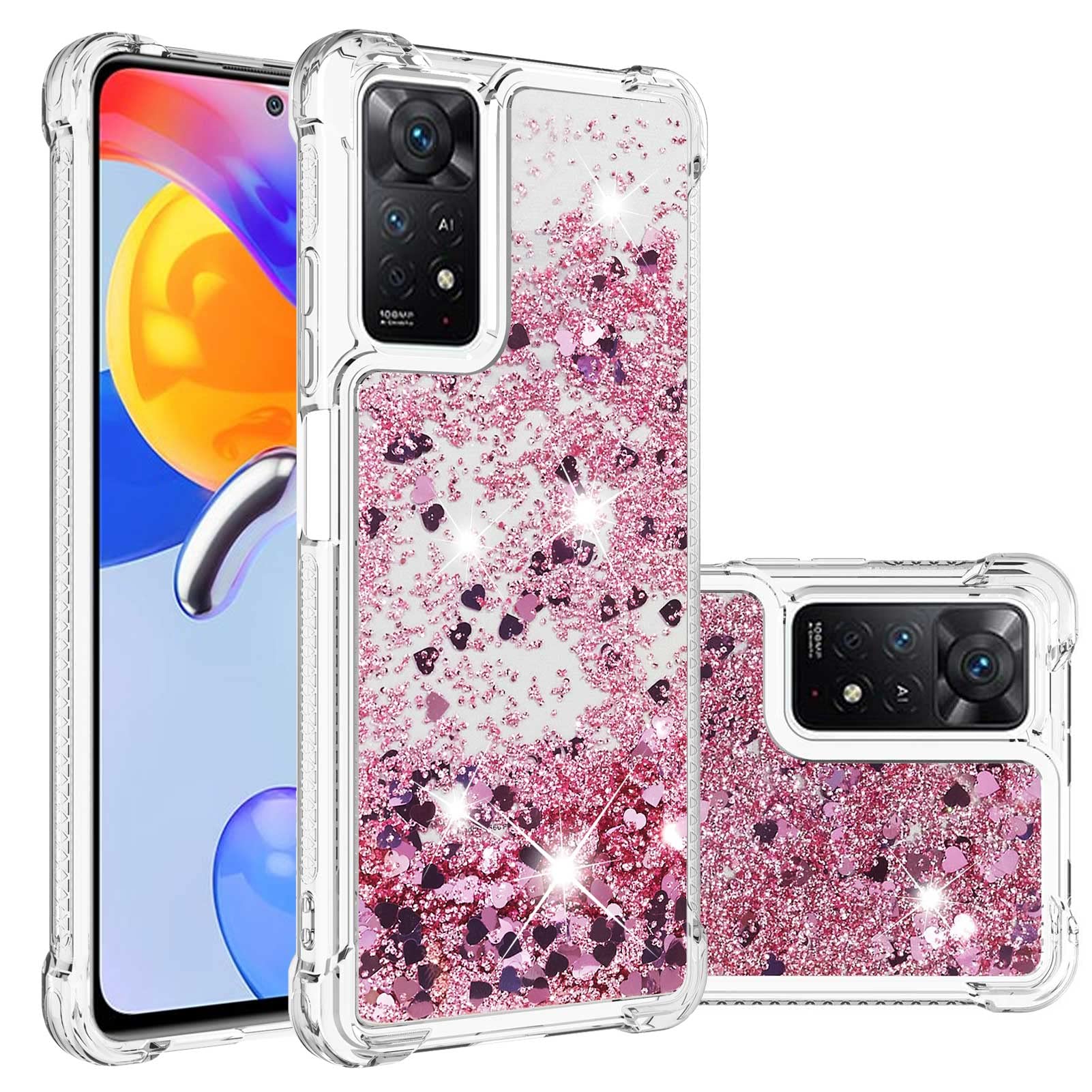 IMIRST Silicone Phone Case for Xiaomi Redmi Note 11 Pro 5G, Corner Airbag Fall Protection Bling Glitter Quicksand Liquid Sparkle TPU Case Cover for Xiaomi Redmi Note 11 Pro 5G. YBW Love RoseGold