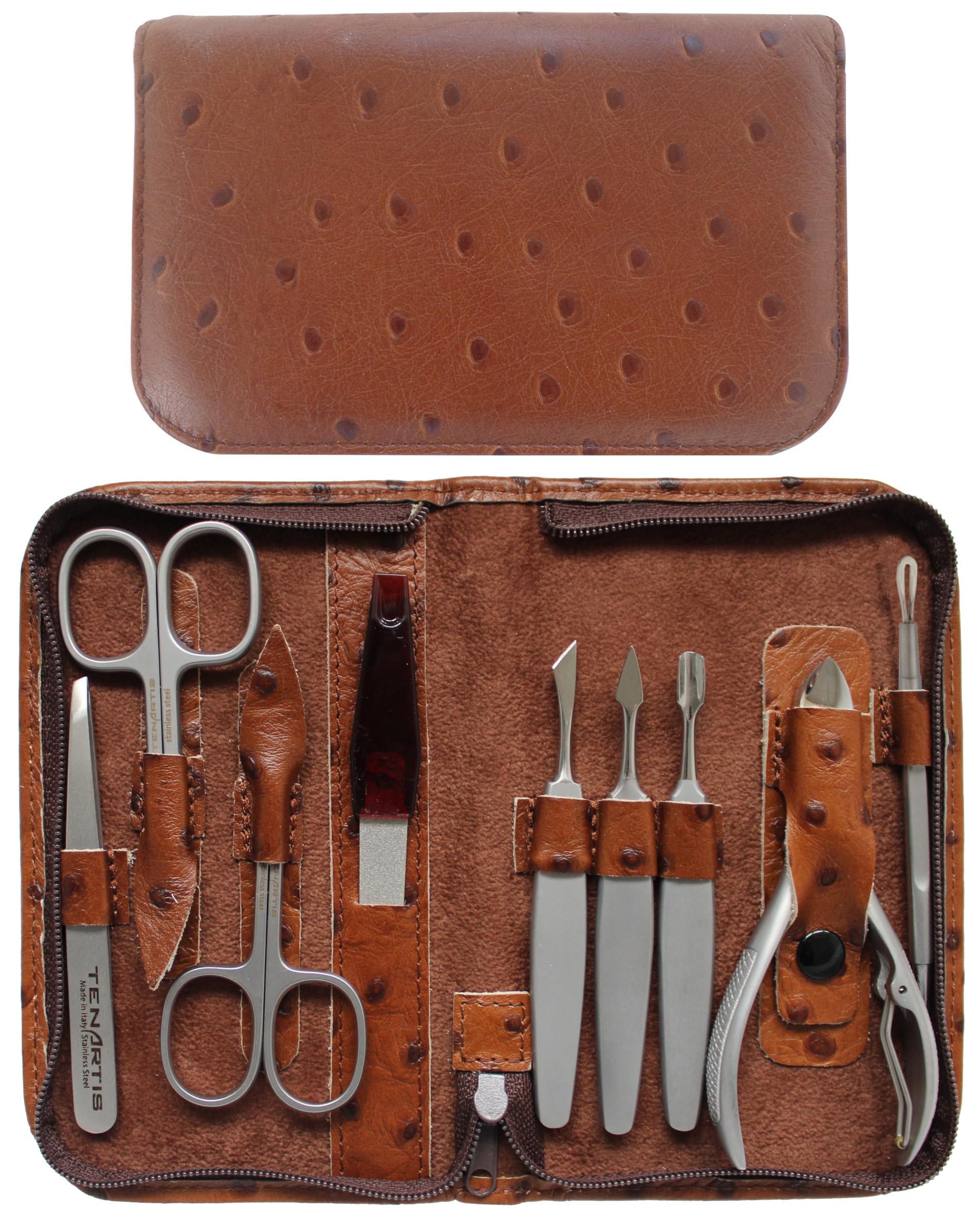 9-Piece Stainless Steel Brown Genuine Leather Manicure & Pedicure Set with Zipper - Tenartis 395 Made in Italy