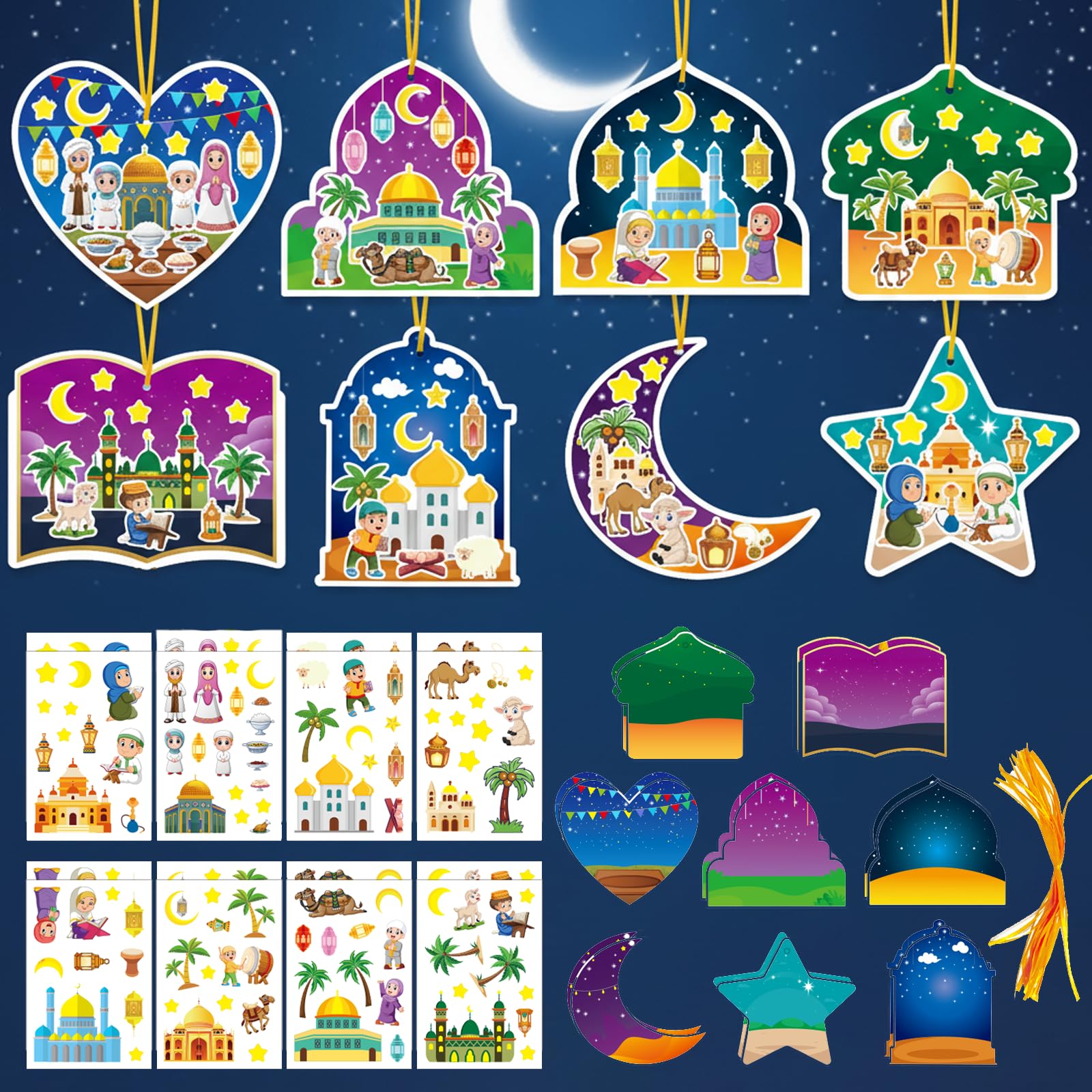 Gibocot 16 Pack Ramadan Crafts for Kids, Eid Gifts for Kids, Ramadan Activities for Children, Make Your Own Moon Star Eid Decorations for Home, Arts & Crafts Supplies