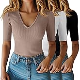 Riyiper 3 Pack Women's Half Sleeve Top Elbow Length Ribbed Cotton T Shirt Women V Neck Summer Tee Slim Fit Casual Blouses