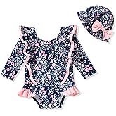 HINTINA Baby Girl One Piece Long Sleeve Ruffle Swimsuit with Hat
