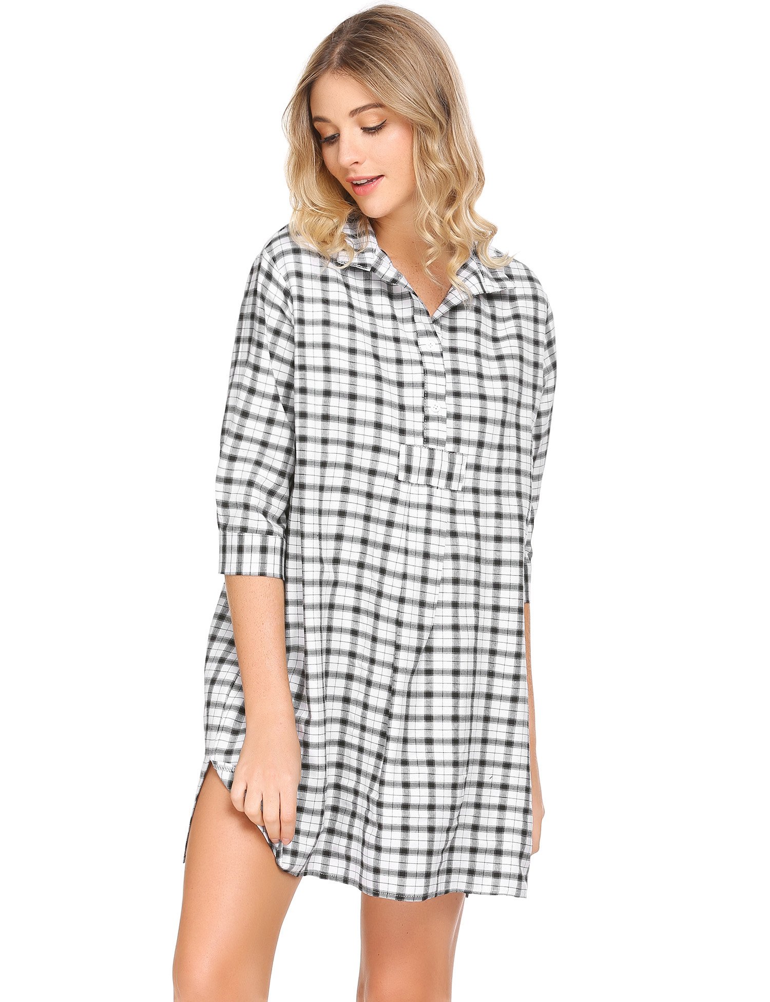 Ekouaer Womens Classic Plaid Nightgown Soft Boyfriend Nightshirt Button Down Sleepshirt