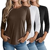 Ficerd 3 Pack 3/4 Sleeve Tops for Women Crew Neck Raglan Sleeve Basics Tees Loose Fit Casual Top Curved Hem Tunic T Shirt