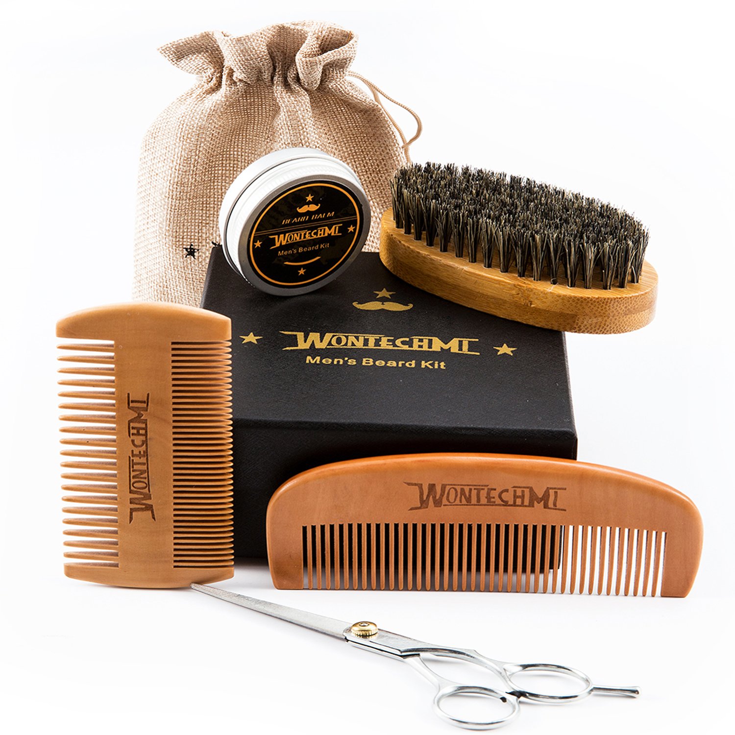Beard Grooming Kit for Men Care, Beard Brush, WONTECHMI Beard Comb, Beard Boar Bristle Brush, Mustache and Beard Balm Butter Wax, Barber Scissors for Styling, Shaping and Growth Premium Gift Set
