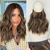 KooKaStyle Invisible Wire Hair Extensions with Transparent Headband Adjustable Size 4 Secure Clips Long Wavy Highlight Hairpiece 12 Inch Balayage Chocolate Brown to Caramel Blonde for Women