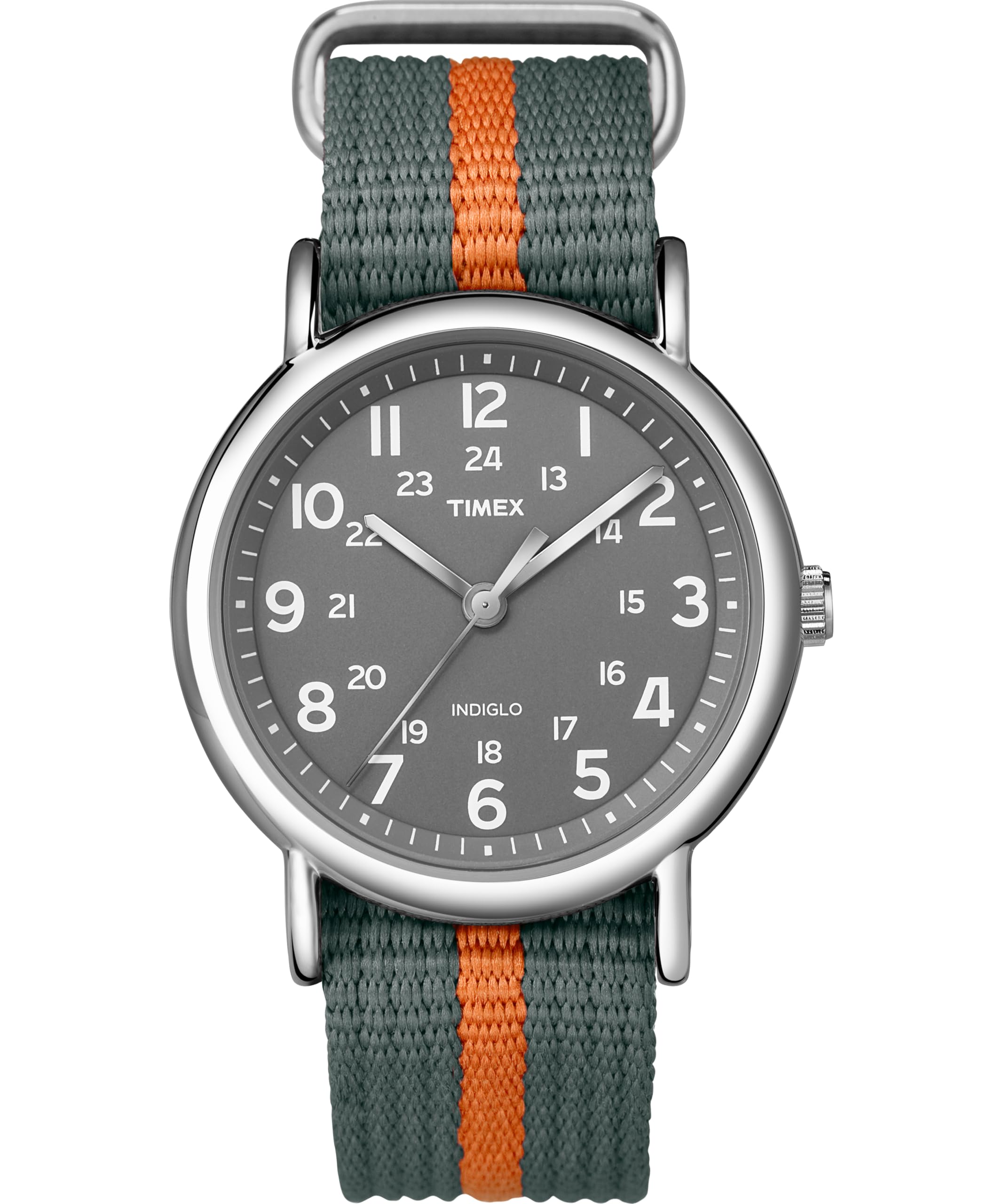 Reloj Timex unisex Weekender de 38 mm, caja plateada, esfera gris y correa deslizante de tela gris y naranja