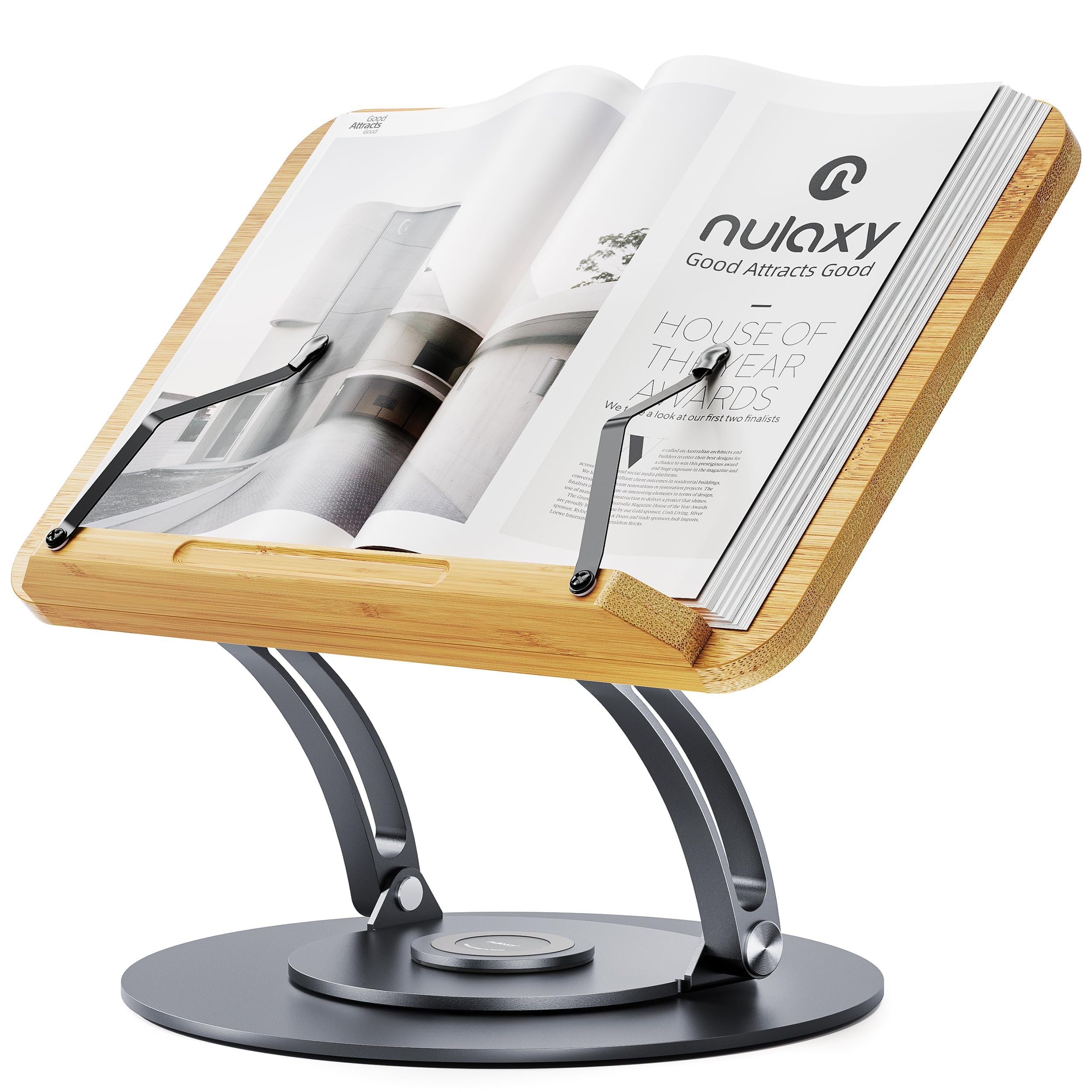 Photo 1 of Nulaxy Bamboo 360 Rotating Book Stand for Reading, Adjustable Textbook Holder for Reading Hands-Free, Foldable Desktop Cookbook Stand with Protective Page Clips, Fits All Books - Gray