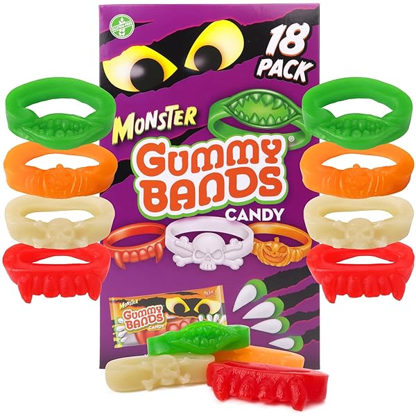 HALLOWEEN GUMMY CANDY BANDS TRICK OR TREAT PASS OUT TREATS, 18 PACK, INDIVIDUALLY WRAPPED, ASSORTED FLAVORS