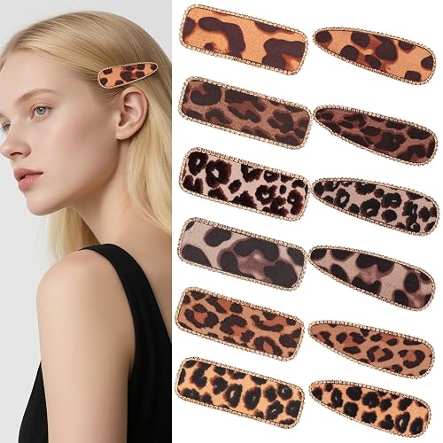 KEUKORZ Snap Hair Clips for Women - 12Pcs Leopard Print Brown Hairpins Barrettes with Rhinestone Decoration - Fashion Hair Accessories Hair Pins for Women(2 Sizes, 6 Patterns)