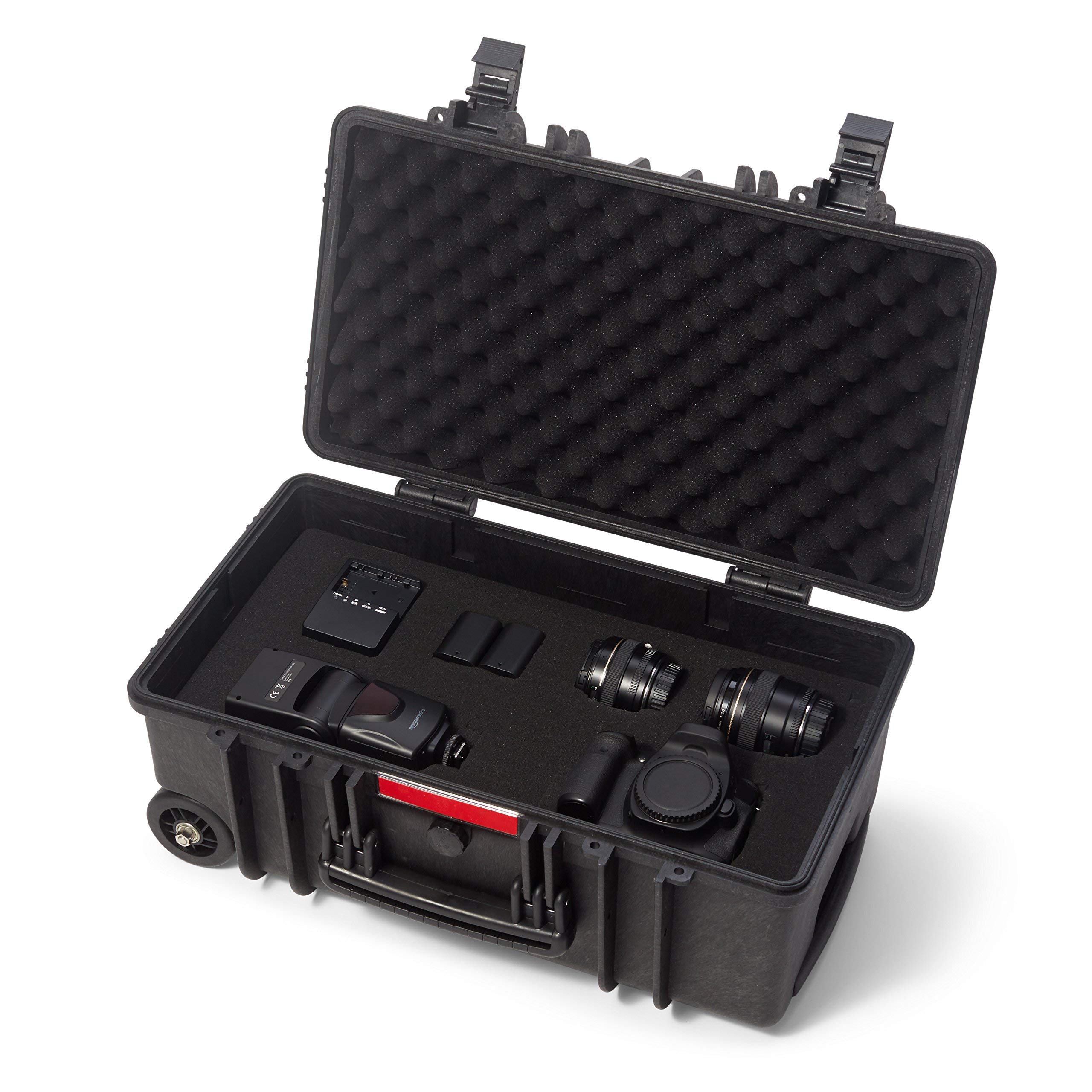 Amazon Basics Hard Camera Case with Wheels, Large, Black, Solid, 22