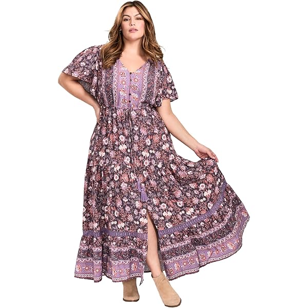 Avenue Women's Plus Size Kinsley Maxi Dress - Flutter Sleeve V-Neck With Drawstring Waist