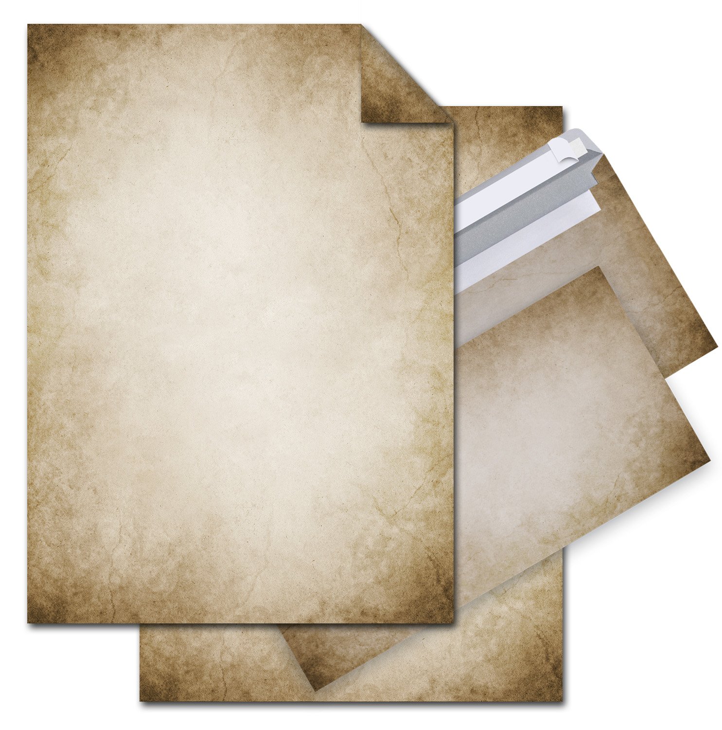 Vintage: 25 sheets writing paper – printed on both sides – Printer – Decorative Set of Writing Paper + 25 DIN Long Envelopes, Brown Marbled Beige for Old Antique