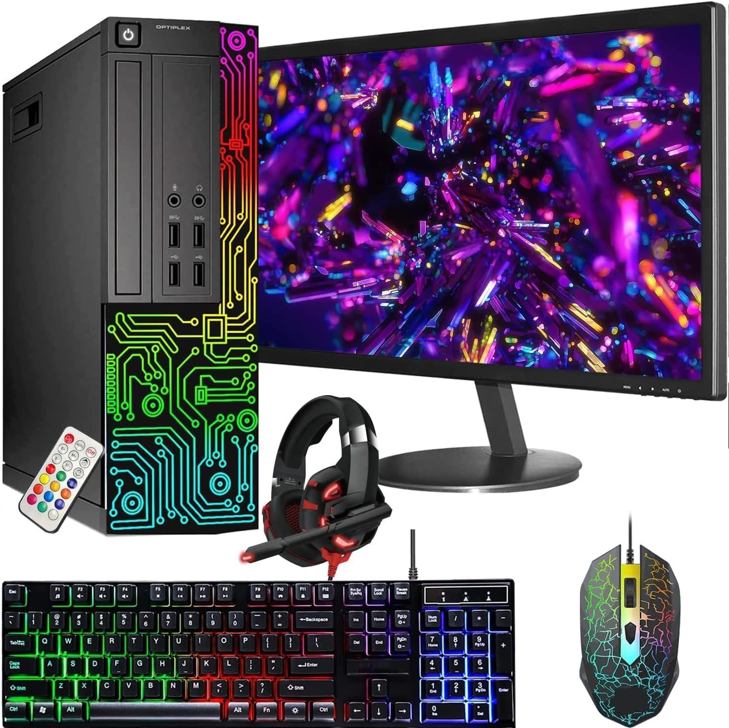 Dell OptiPlex Desktop RGB Computer PC, Intel Core i7 Core Processor, 16G RAM, 512G SSD, 24 Inch HDMI Monitor, RGB Keyboard & Mouse & Headset, WiFi, Windows 11 Pro (Renewed)