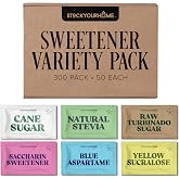 Sweetener Variety Pack, 300 Count (50 Each) &ndash; Sugar, Raw Turbinado, Saccharin, Stevia, Aspartame &amp; Sucralose Packets for Coffee, Tea, Offices, Restaurants &amp; Home Use