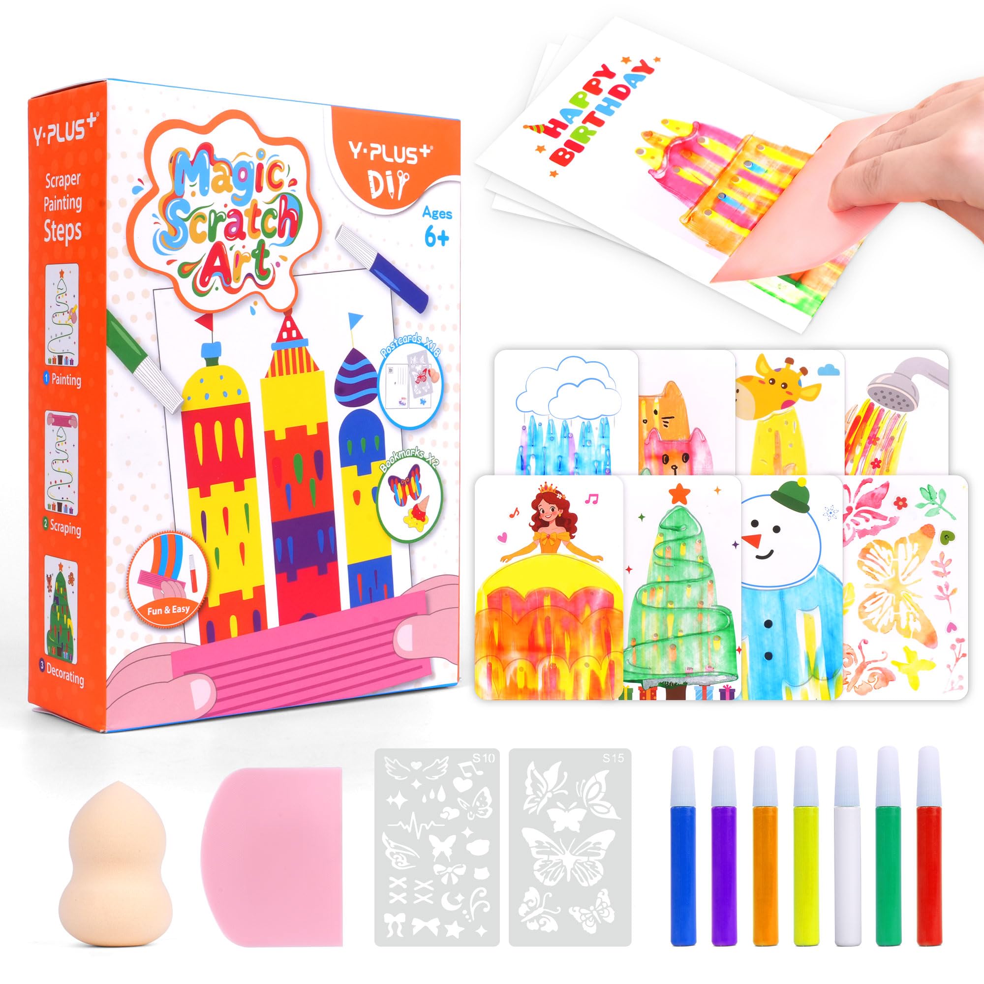 YPLUS Magic Scratch Art Postcards for Kids Ages 3-12 - Scraper Painting & Rubbing Postcards, Bookmarks with 7 Paint Pens, Sponge, Sticker - Travel Crafts & Mess-Free Art Set
