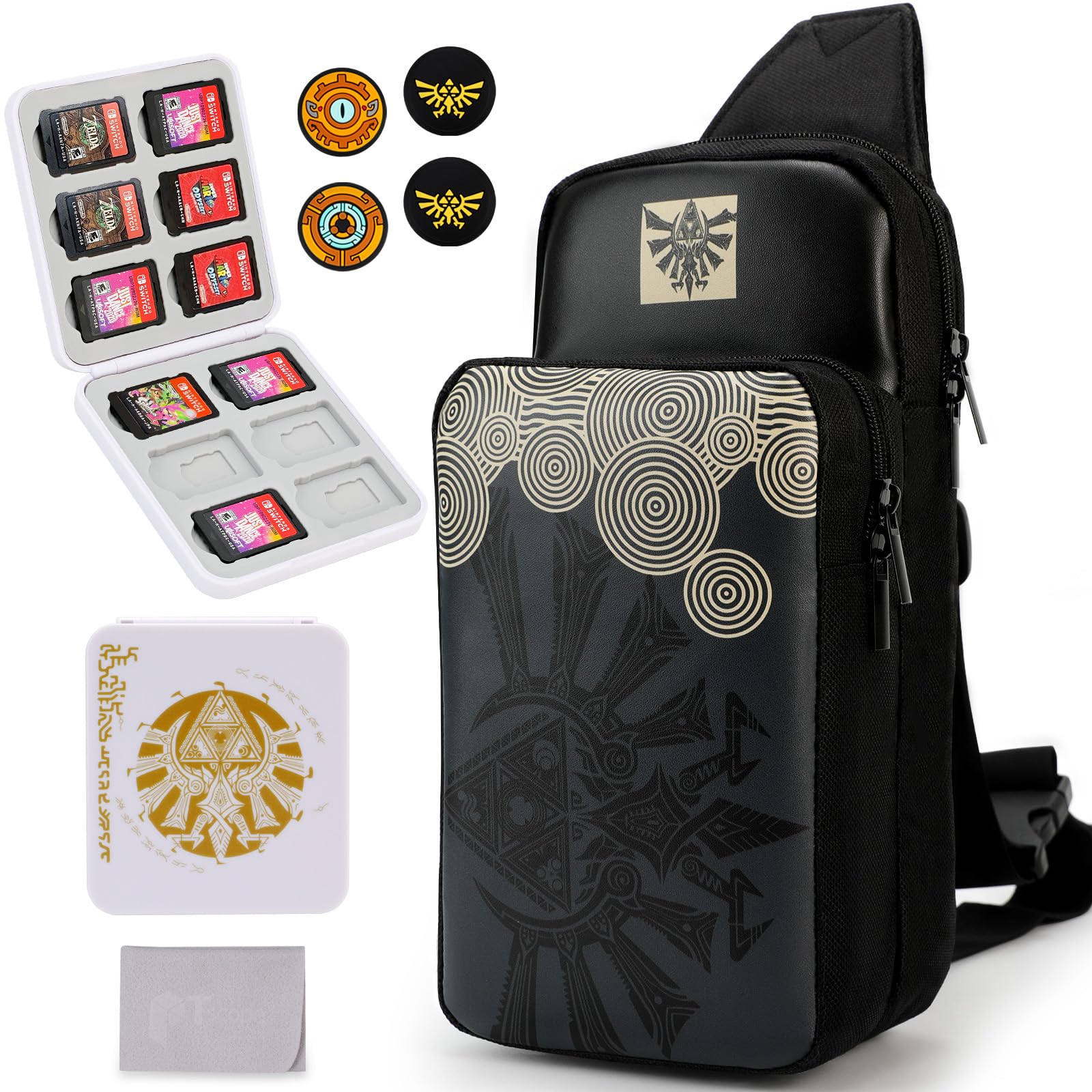 Owngen Cute Travel Bag for Nintendo Switch/Lite/OLED, for Tears of the Kingdom Portable Sling Shoulder Crossbody Carrying Storage Accessories Backpack with Cute Game Card Case, 4 Thumb Grip Caps
