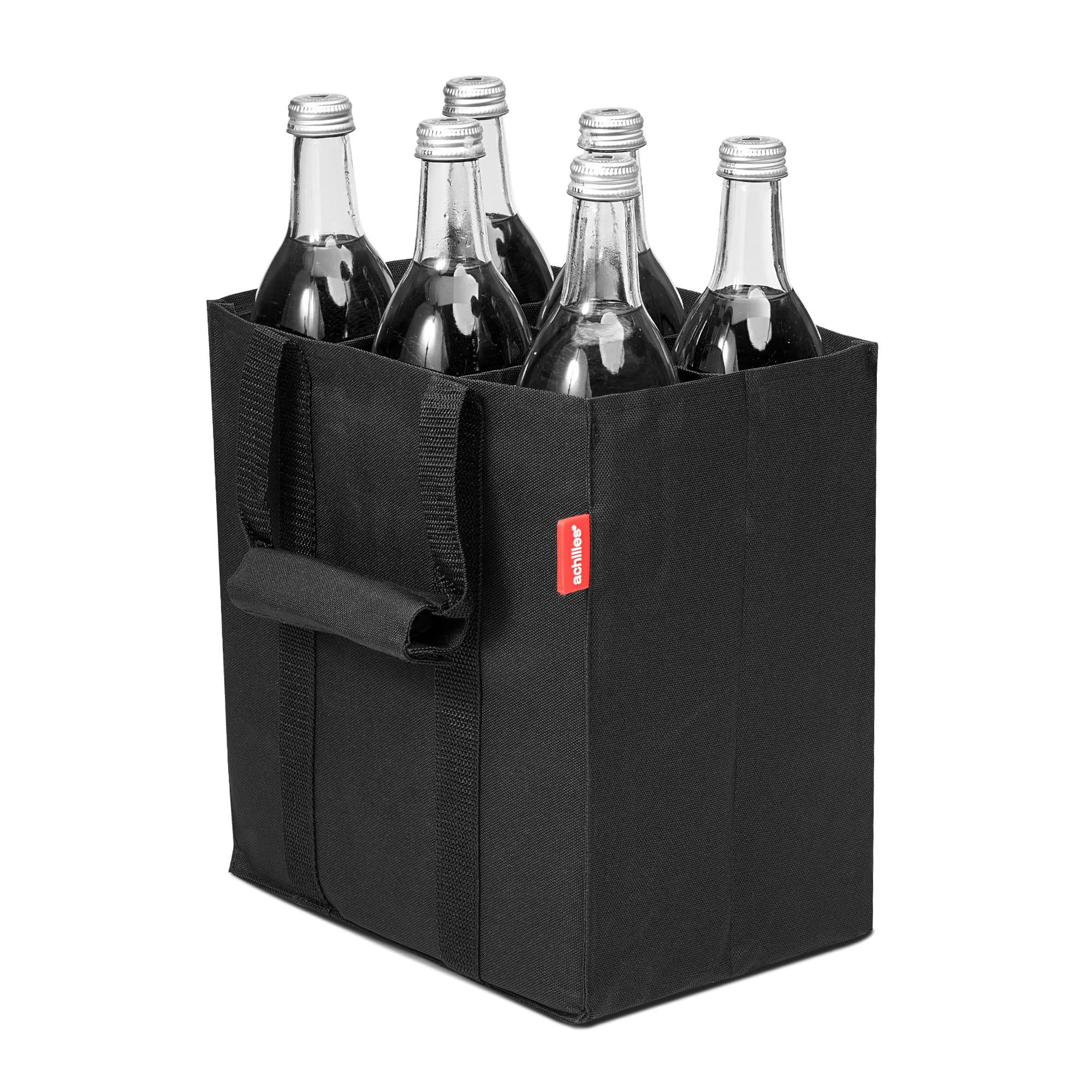 achilles Bottle Bag, Bag for Bottles, Carrier with Dividers Shopping Compartments,6 X 1.5 Liter, 25 Cm 18 27 (Black, for 6 Bottles)