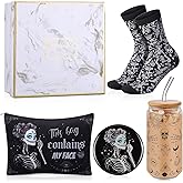 Kacctyen 5 Pcs Christmas Spooky Gifts for Women Witchy Gothic Gifts Stuff 16 oz Skeleton Glass Cups with Lids Straws Goth Makeup Bag Pocket Mirror Sock Goth Theme Box for Birthday Party Favors Friends