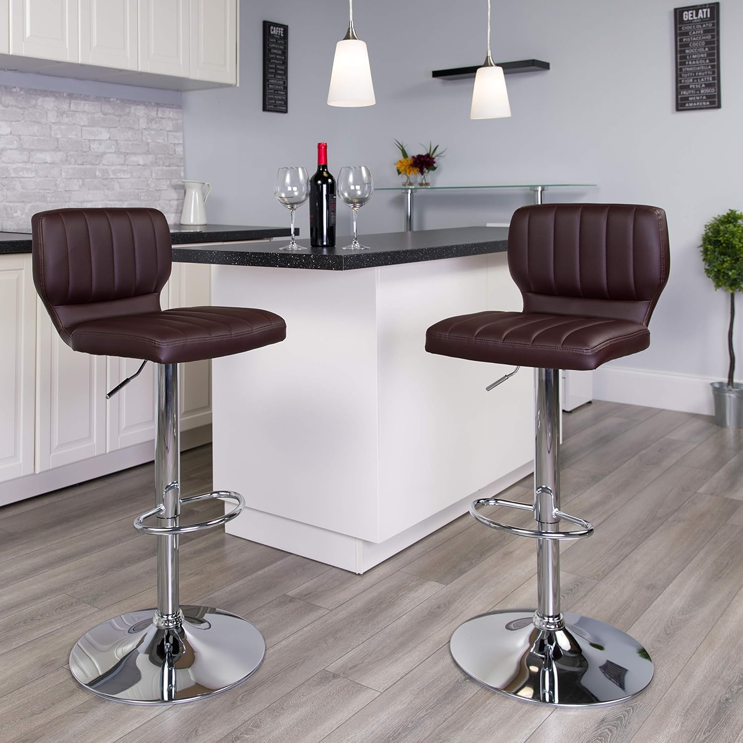 Flash Furniture 2 Pack Contemporary Brown Vinyl Adjustable Height Barstool with Vertical Stitch Back and Chrome Base
