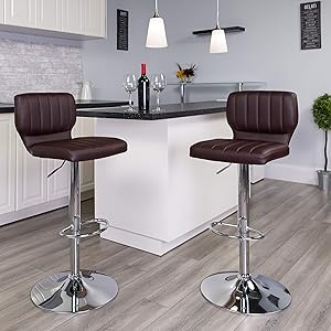 Flash Furniture 2 Pack Contemporary Brown Vinyl Adjustable Height Barstool with Vertical Stitch Back and Chrome Base