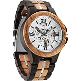 FORSINING Men's Solid Wood Mechanical Skeleton Watch, Vintage Wooden Band with Hollow Dial Wristwatch, Automatic Self-Wind Men Watches