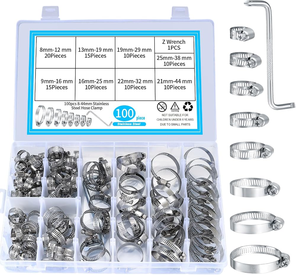 Xiaomoyu 100Pcs Hose Clamps 8-44mm Stainless Steel Assorted Kit Water Pipe