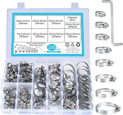 Xiaomoyu 100Pcs Hose Clamps 8-44mm Stainless Steel Assorted Kit Water Pipe