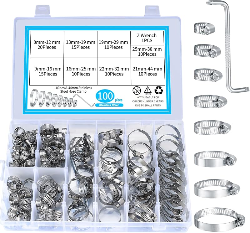 Xiaomoyu 100Pcs Hose Clamps 8-44mm Stainless Steel Assorted Kit Water Pipe