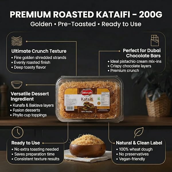 BISVUA PREMIUM DESSERT TOPPING ROASTED KATAIFI PASTRY 200G (7.1 OZ) – GOLDEN TOASTED SHREDDED PHYLLO DOUGH FOR DUBAI CHOCOLATE FILLING, PISTACHIO CREAM RECIPES, KUNAFA DOUGH & CRUNCHY