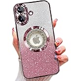 Misscase for iPhone 17 Magnetic Glitter Case Compatible with MagSafe,Full Protection Slim Shockproof Anti-Scratch Case with Camera Lens Protector Plating Bling Dust-Proof Net for Women Pink