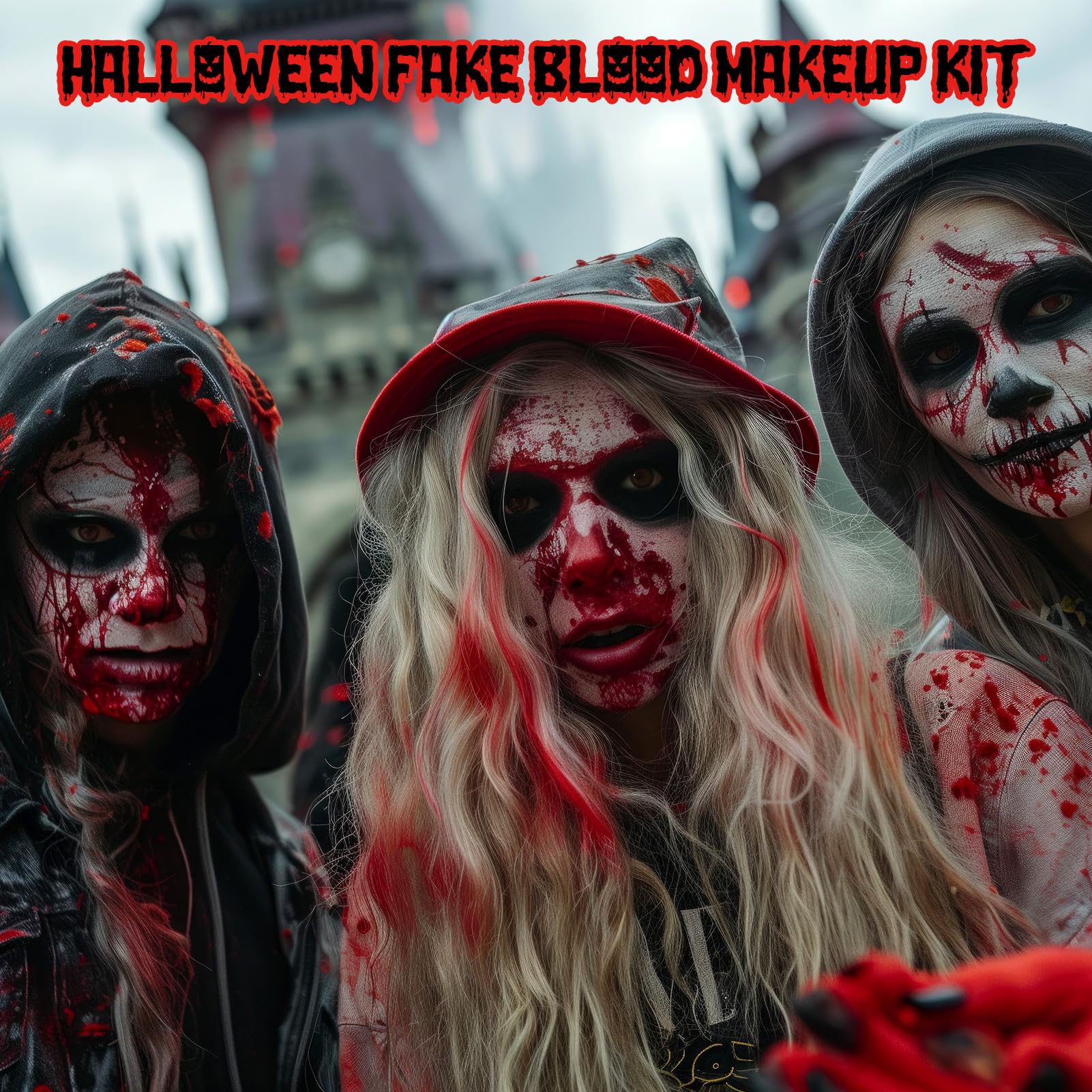 3PCS Halloween Fake Blood Kit, 2.03oz Fake Blood Spray and 2.03oz Dripping Blood and 1.06oz Coagulated Gel Blood, Realistic Washable Fake Blood Makeup for Zombie Vampire Monster Cosplay & Dress Up