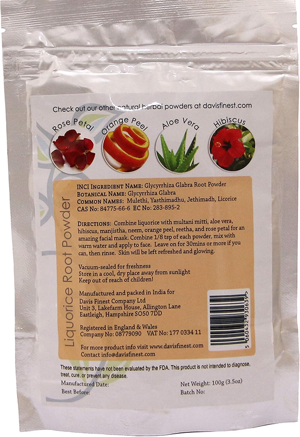 Davis Finest Liquorice Root Powder, Natural Skin Lightening, Whitening