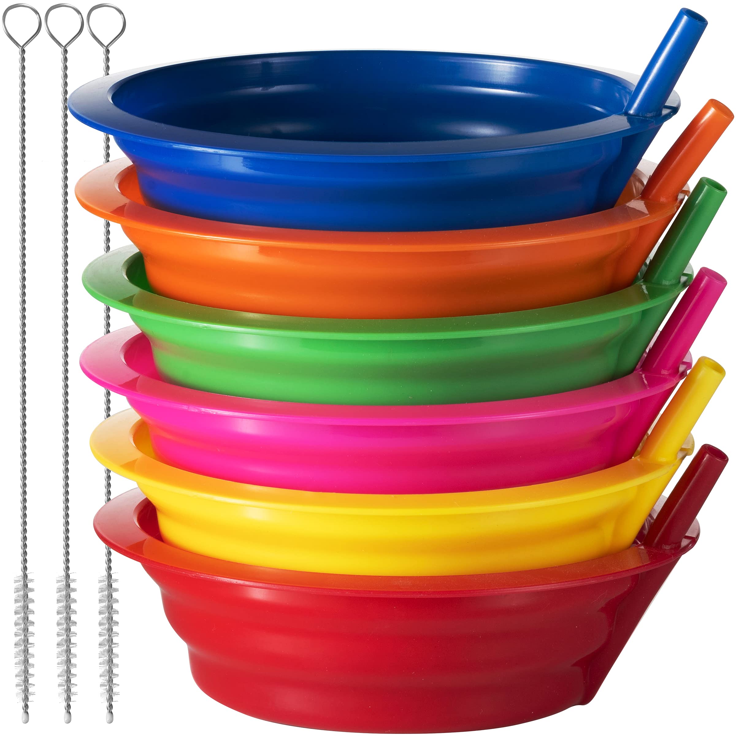 JoyServe Cereal Bowls with Straws for Kids (Set of 18-20-Ounce) BPA-Free Plastic Reusable Bowls with Built-In Straws for Children - Dishwasher and Microwave Safe, Includes 3 Cleaning Brushes Image